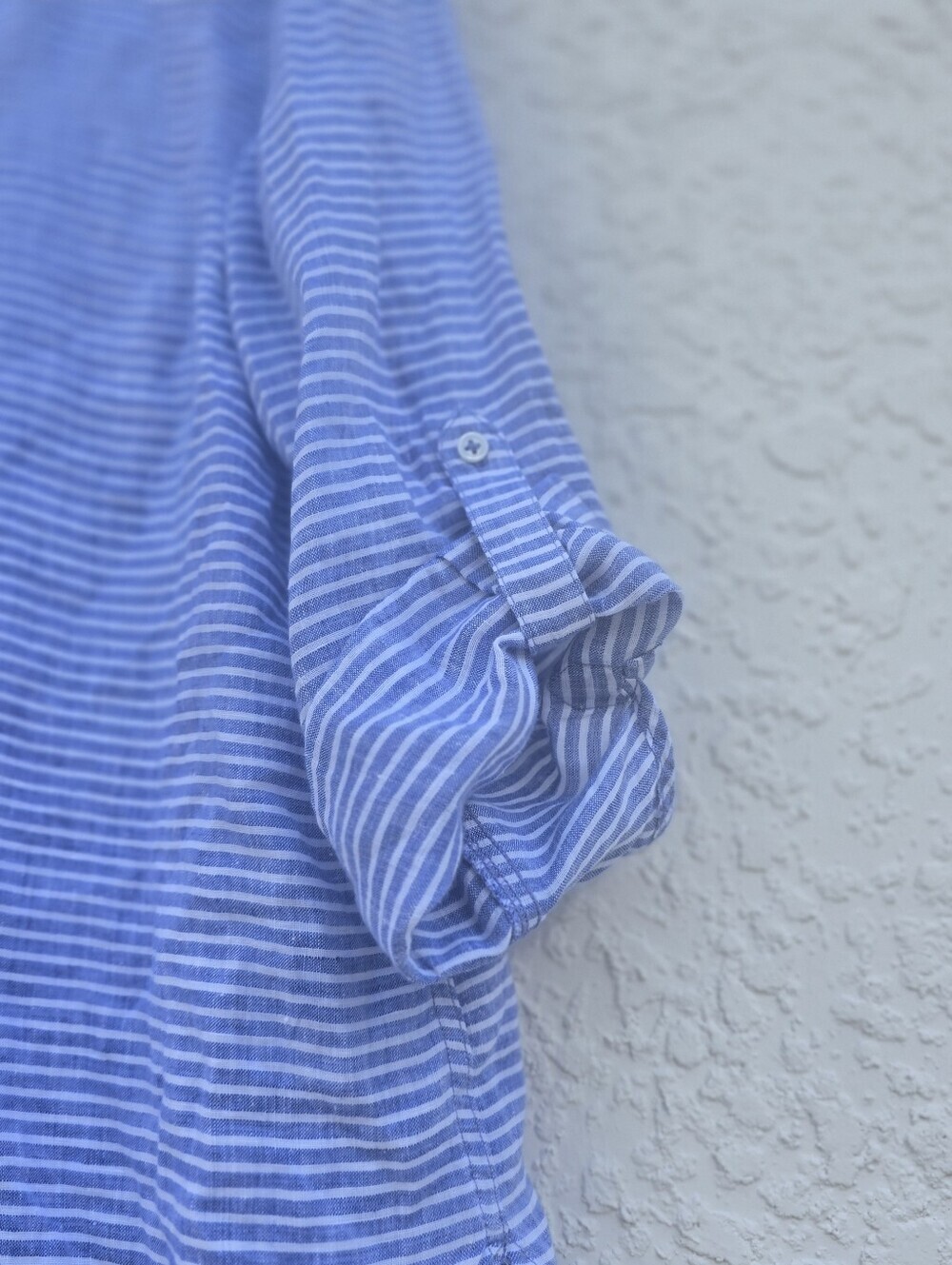 Talbots Blue White Striped 100% Linen Popover Blouse Top Roll Tab XLP - Picture 5 of 14